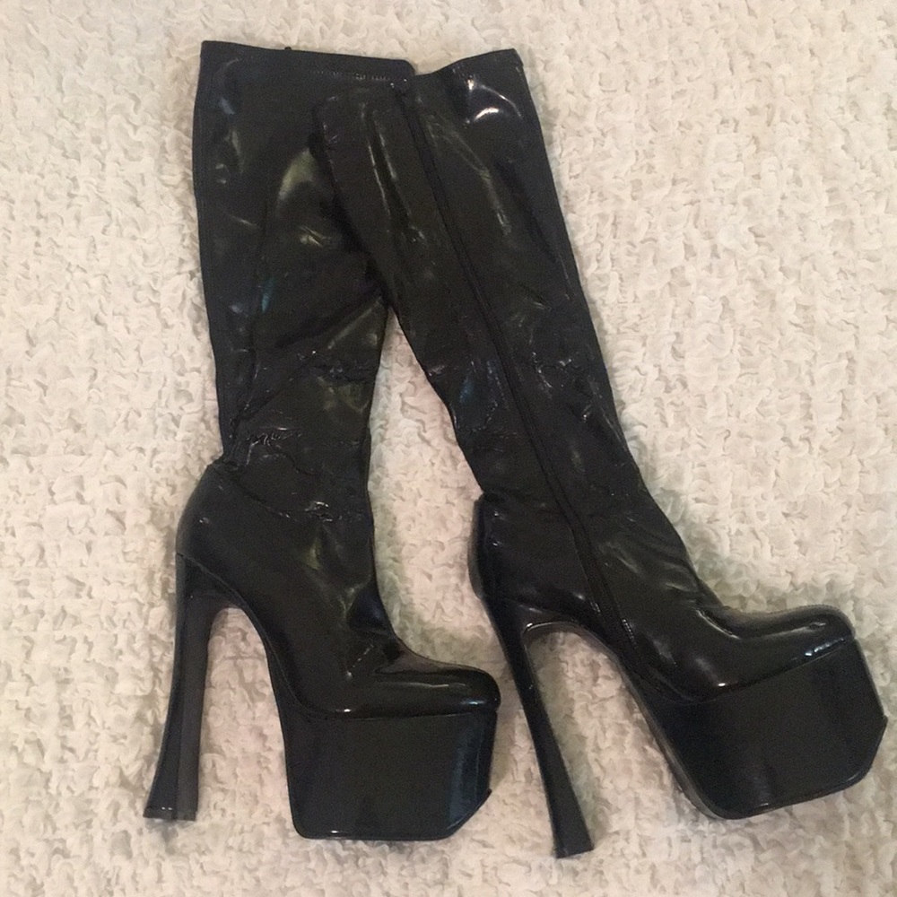 Pleaser | Black Patent Knee High Platform Boots